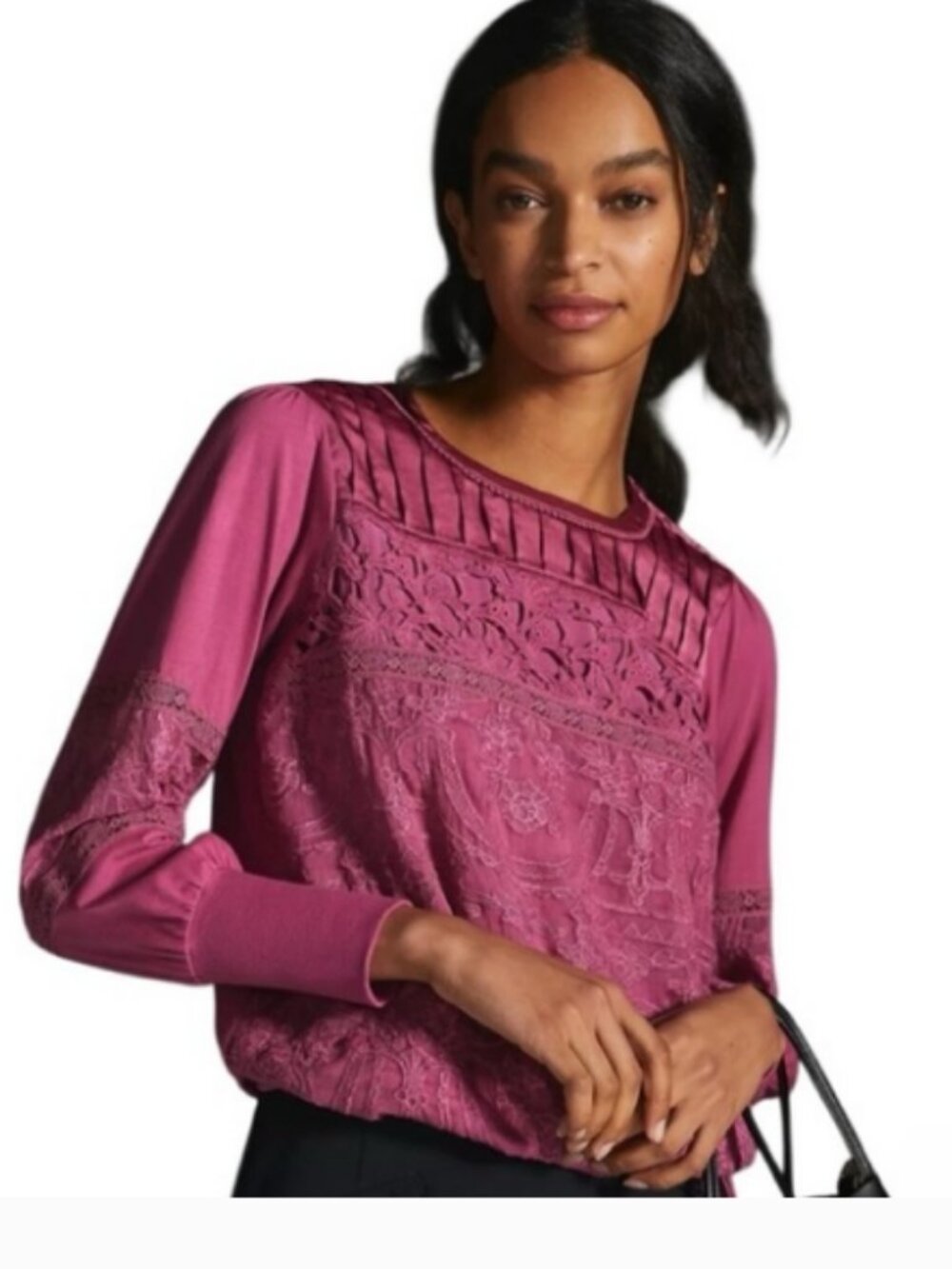 Anthropologie LP L Petite TINY NEW Rose Embroidered Lace Top Blouse Long Sleeves